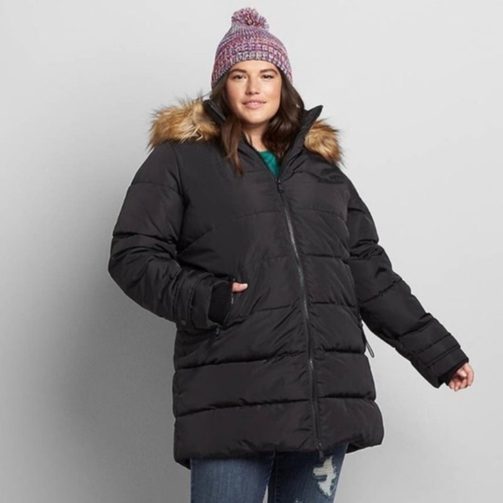 NWT Lane Bryant 14 / 16 Puffer Jacket Black Faux Fur Hood
